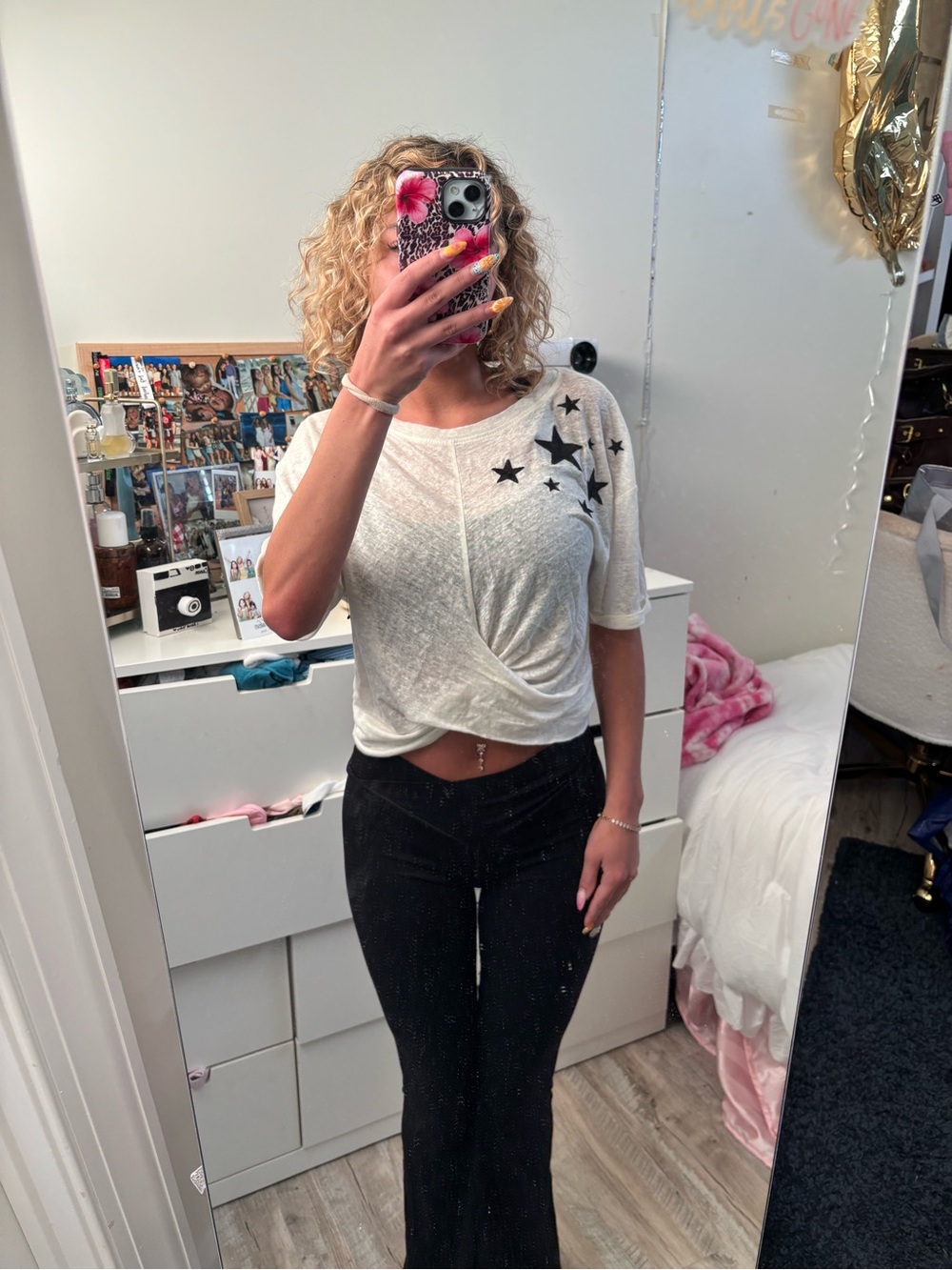 Honey Punch White Short-Sleeve Twist-Front Top with Black Star Accents